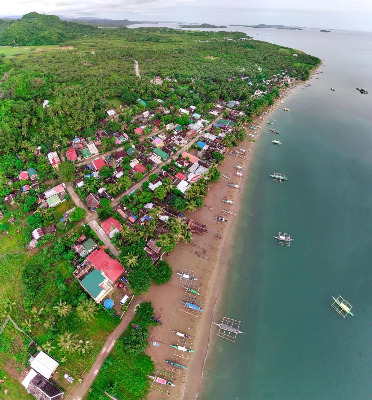 A coastal village of red and green rooftops along a curving shoreline, outrigger boats drawn up on the sand.